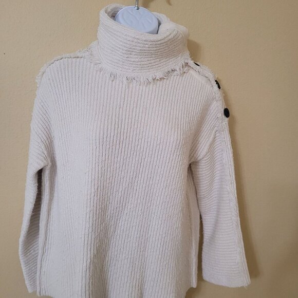 Free‎ People Neutral Chunky Ribbed Knit Fold Over Cowl Neck Button Sweater XS - Picture 4 of 8